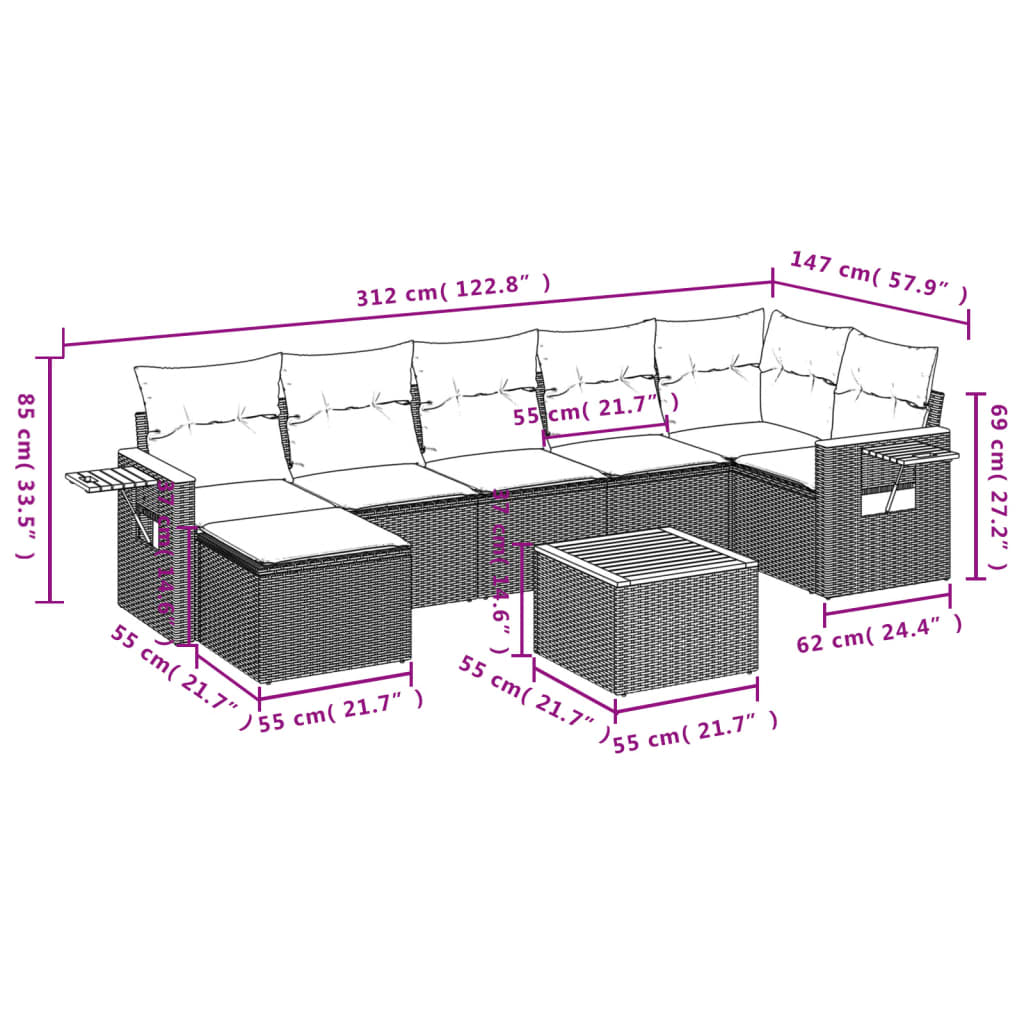 vidaXL 8-delige Loungeset met kussens poly rattan grijs