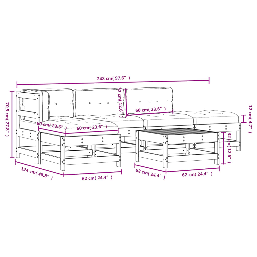 vidaXL 6-delige Loungeset met kussens massief hout wit