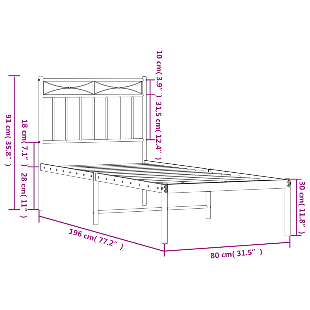 vidaXL Bedframe met hoofdbord zonder matras metaal wit 75x190 cm