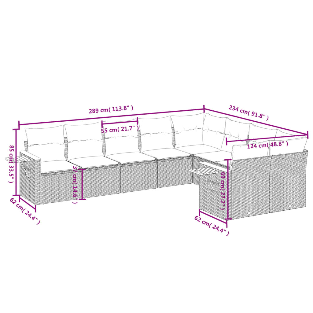 vidaXL 9-delige Loungeset met kussens poly rattan zwart