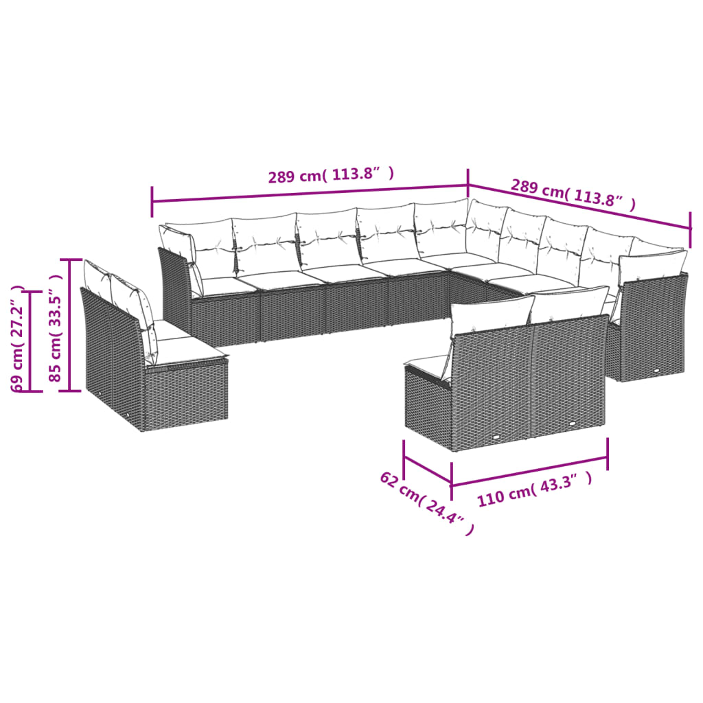 vidaXL 12-delige Loungeset met kussens poly rattan beige