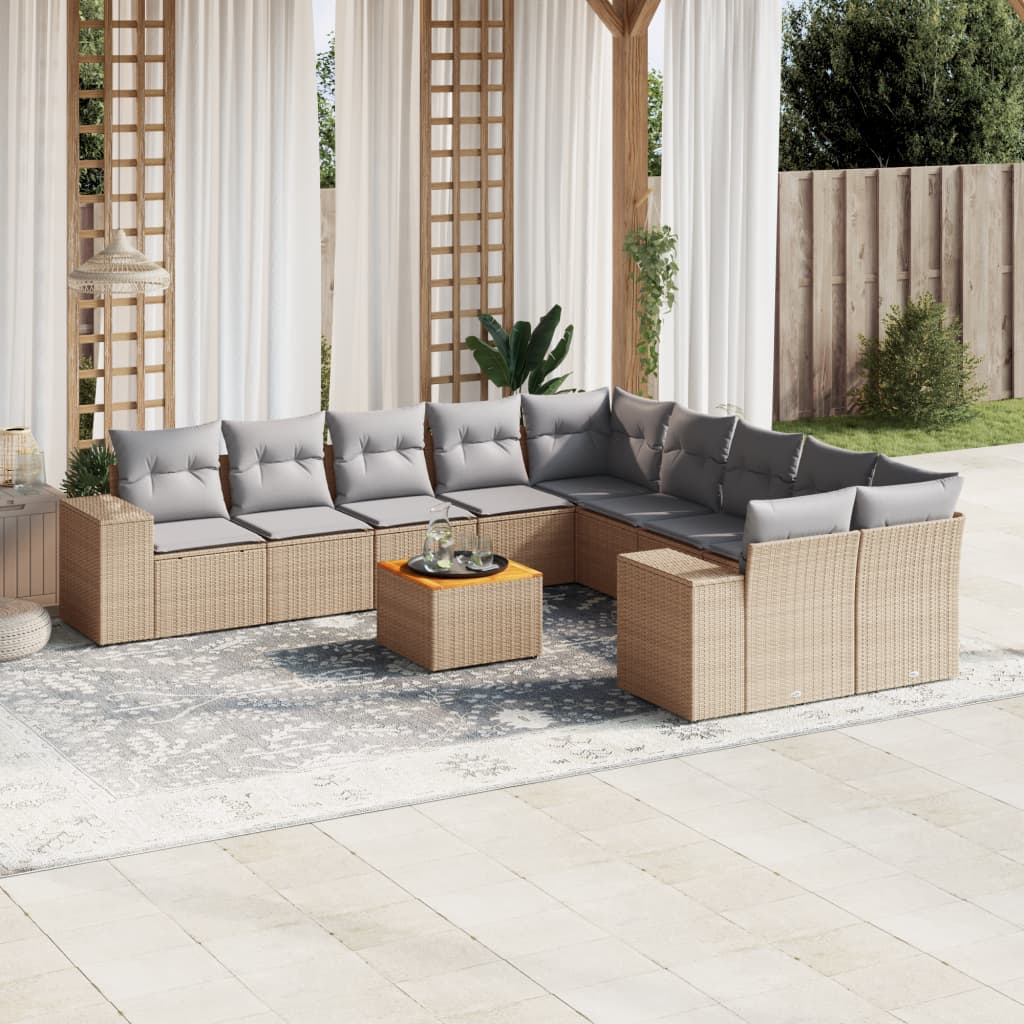 vidaXL 11-delige Tuinset met kussens poly rattan beige