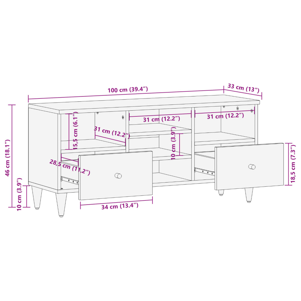 vidaXL Tv-meubel 100x33x46 cm massief mangohout