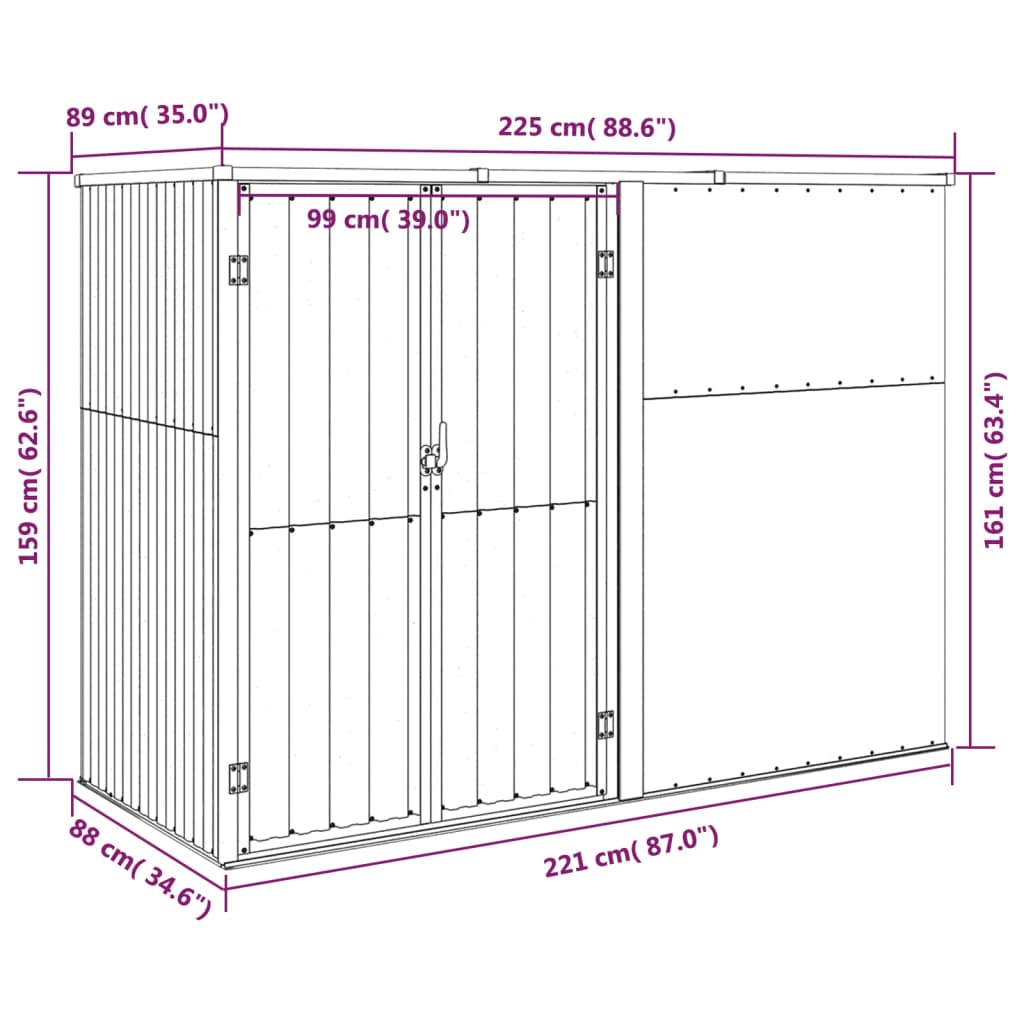 vidaXL Tuinschuur 225x89x161 cm gegalvaniseerd staal antracietkleurig