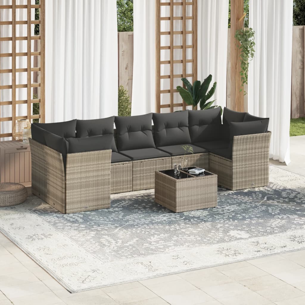 vidaXL 8-delige Loungeset met kussens poly rattan lichtgrijs