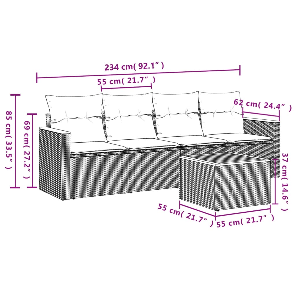 vidaXL 5-delige Loungeset met kussens poly rattan gemengd beige