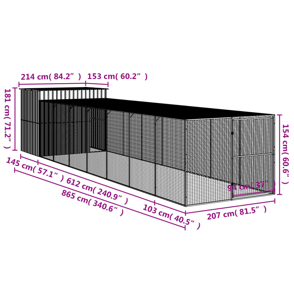 vidaXL Hondenhok met ren 214x865x181 cm staal lichtgrijs