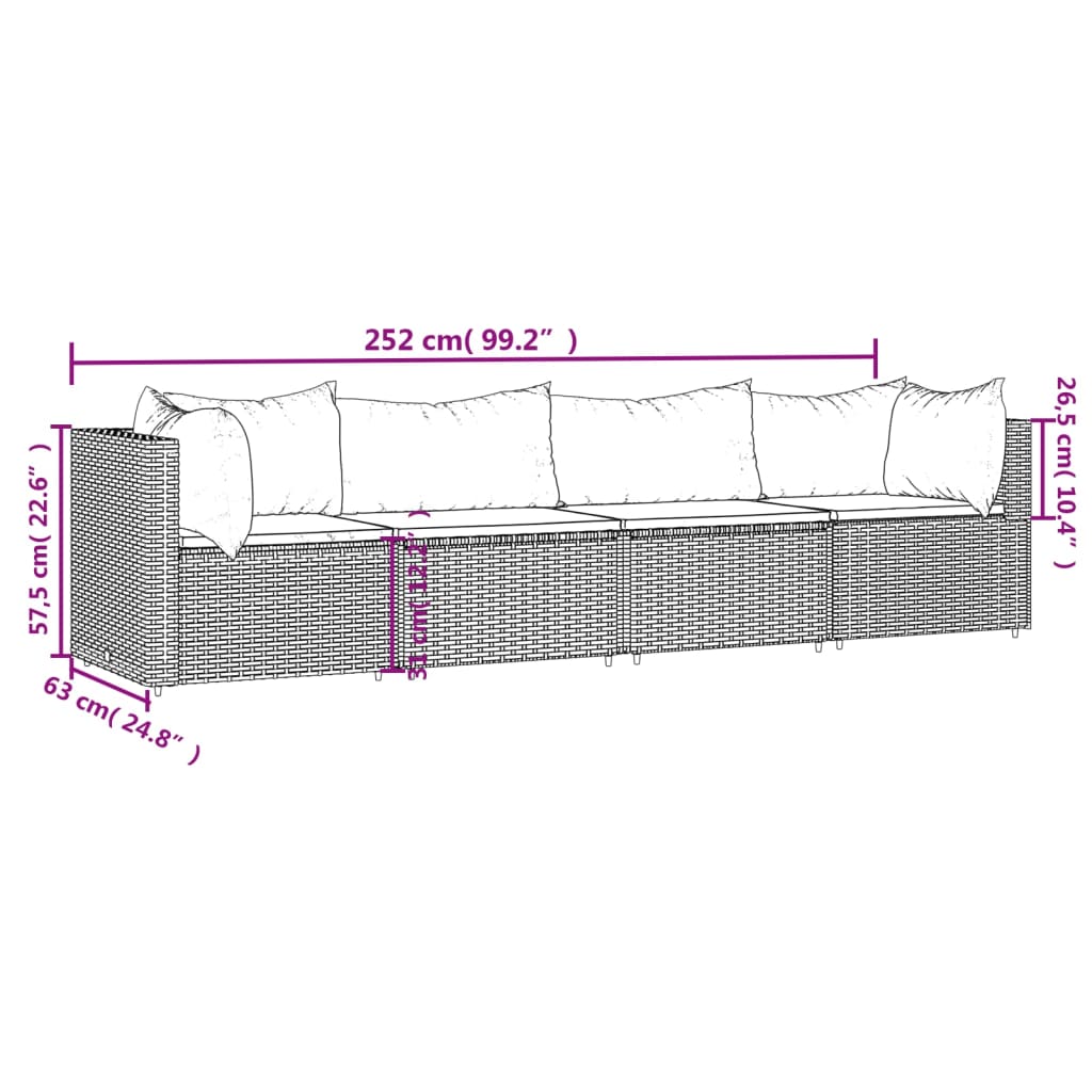 vidaXL 4-delige Loungeset met kussens poly rattan bruin