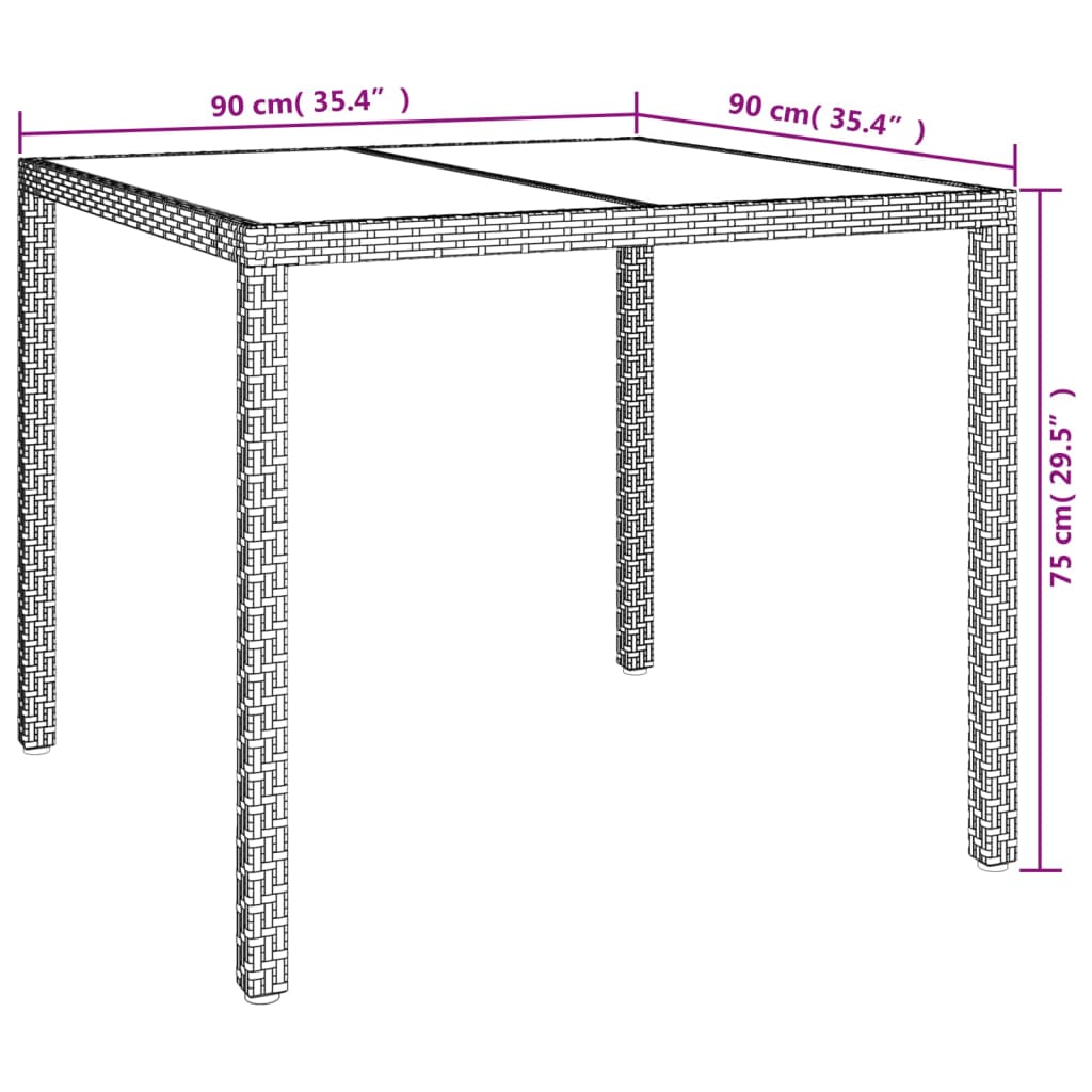 vidaXL Tuintafel 90x90x75 cm gehard glas en poly rattan zwart