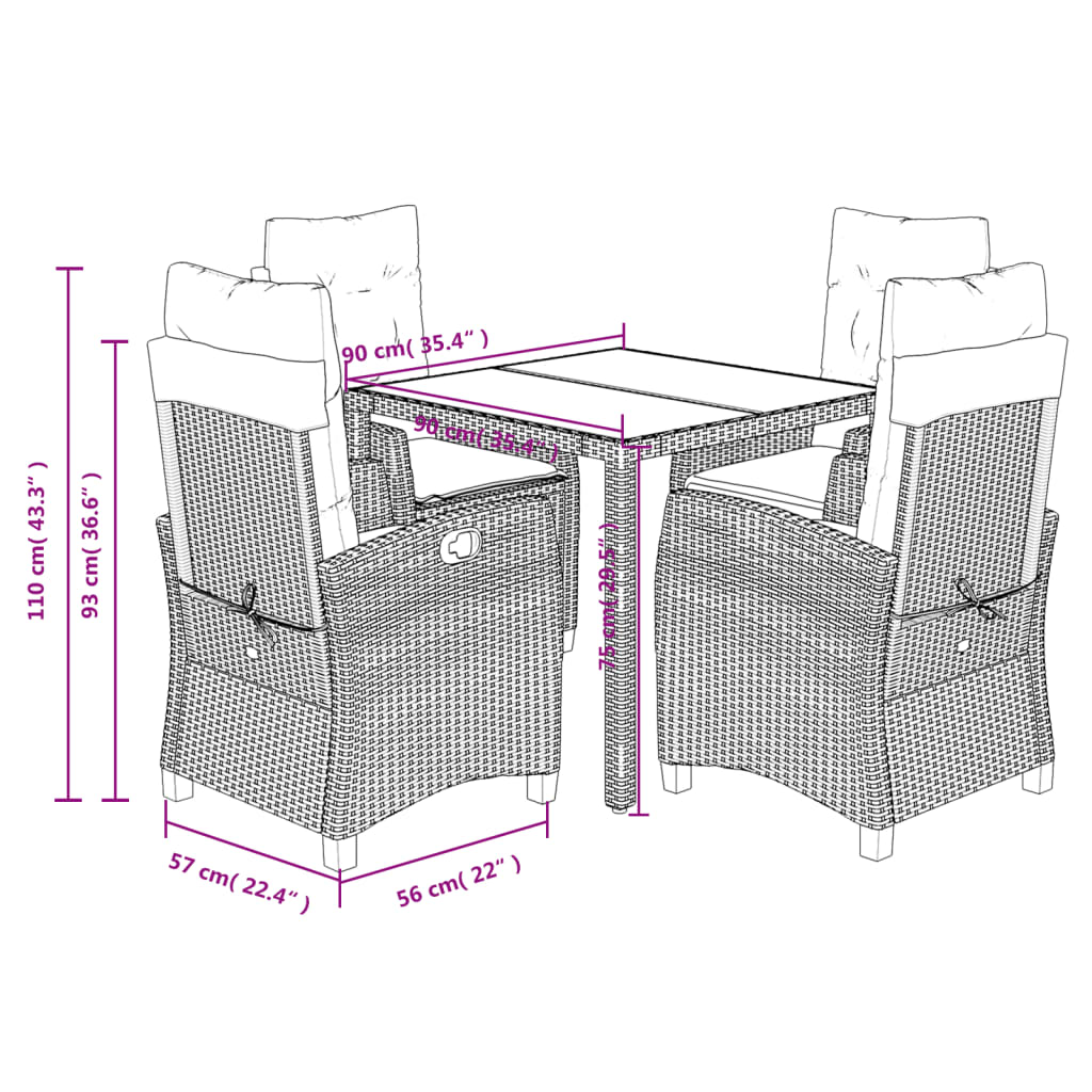 vidaXL 5-delige Tuinset met kussens poly rattan grijs