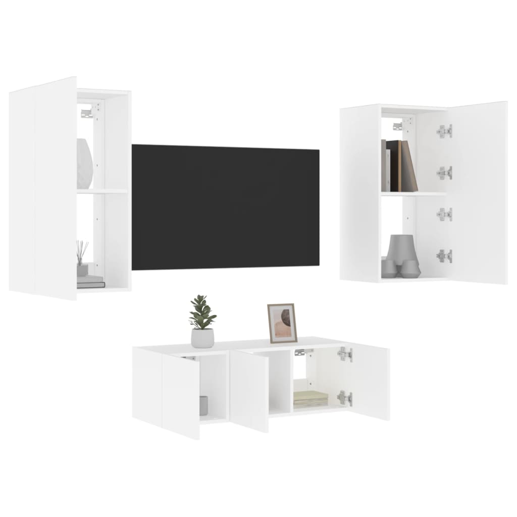 vidaXL 4-delige Tv-wandmeubelset met LED-verlichting bewerkt hout wit