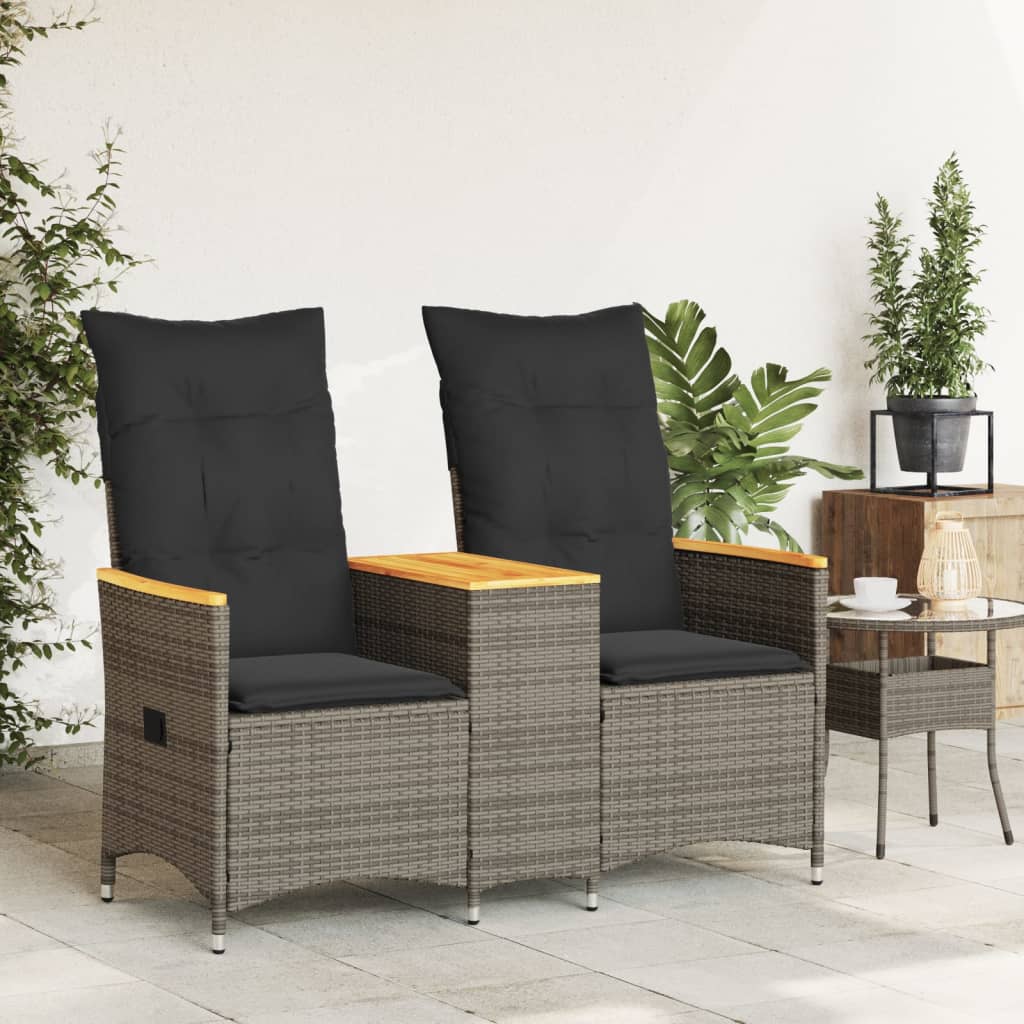 vidaXL Tuinbank 2-zits verstelbaar met tafel poly rattan grijs