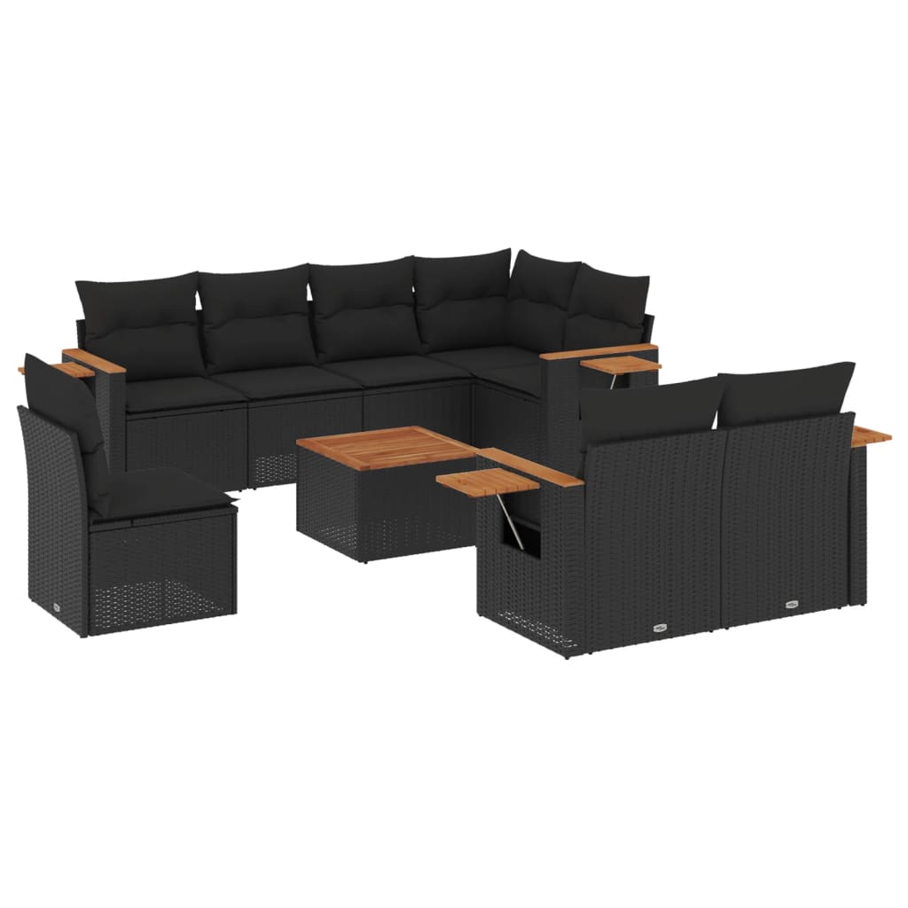 vidaXL 9-delige Loungeset met kussens poly rattan zwart