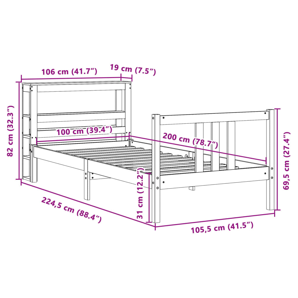 vidaXL Bedframe met hoofdeinde 100x200 cm massief grenenhout wit