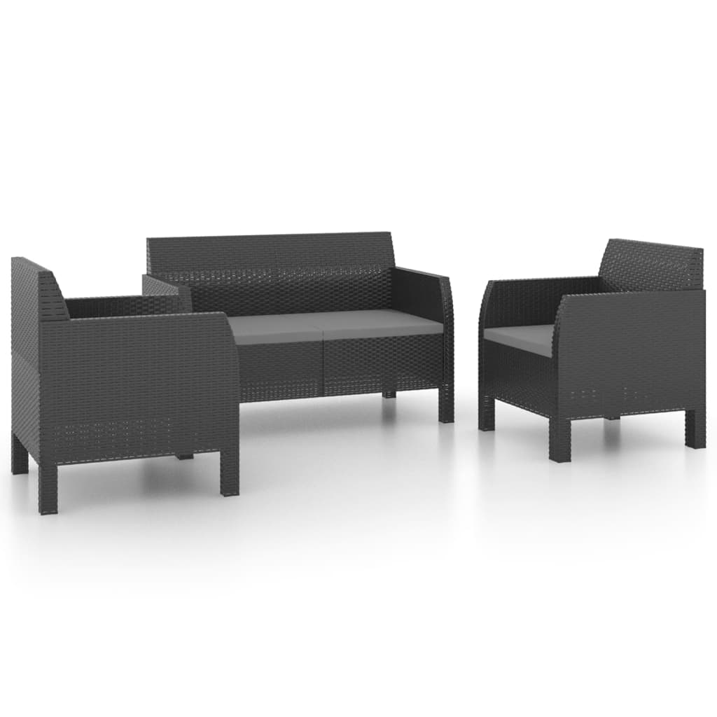 vidaXL 3-delige Loungeset met kussens PP rattan antracietkleurig