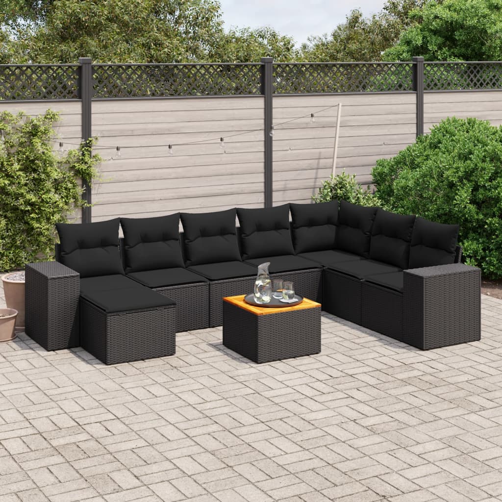 vidaXL 9-delige Loungeset met kussens poly rattan zwart