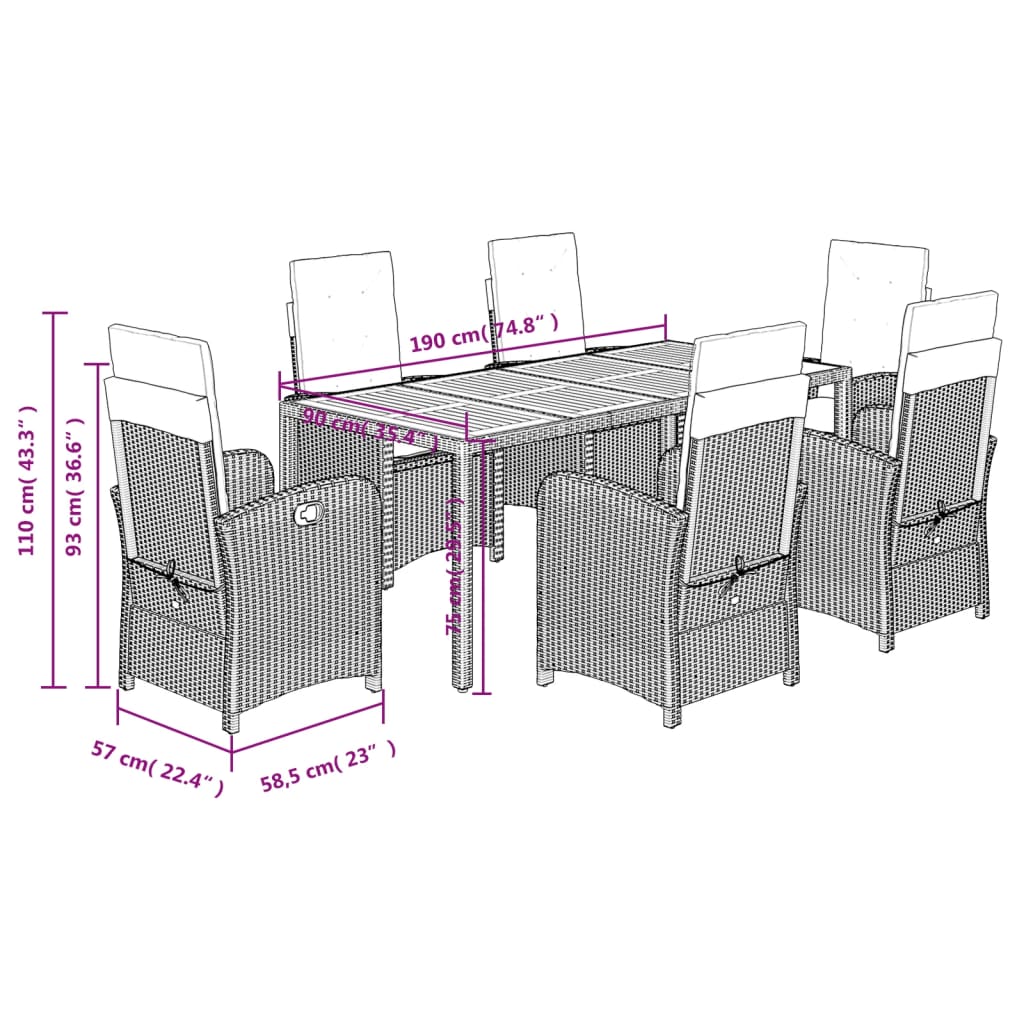 vidaXL 7-delige Tuinset met kussens poly rattan grijs