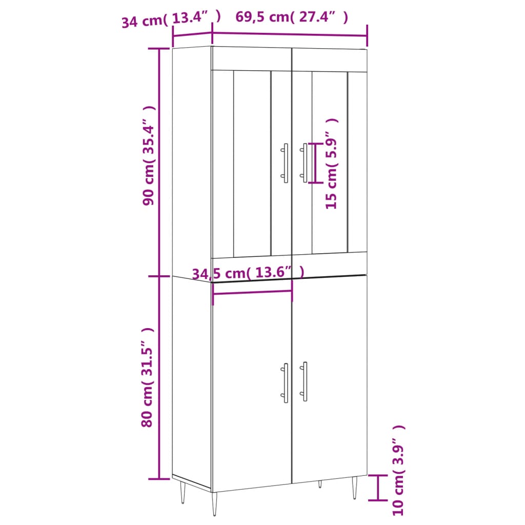 vidaXL Hoge kast 69,5x34x180 cm bewerkt hout wit