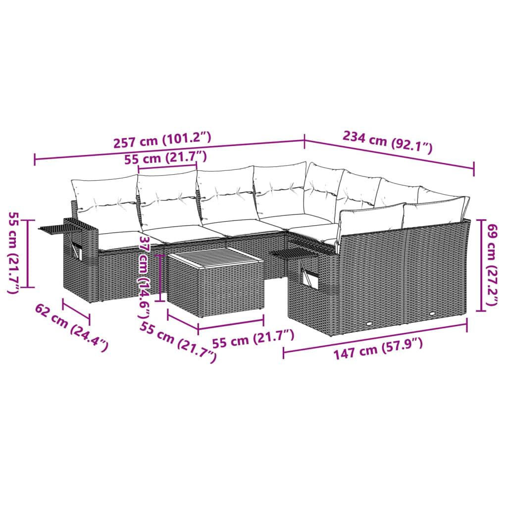 vidaXL 9-delige Loungeset met kussens poly rattan grijs