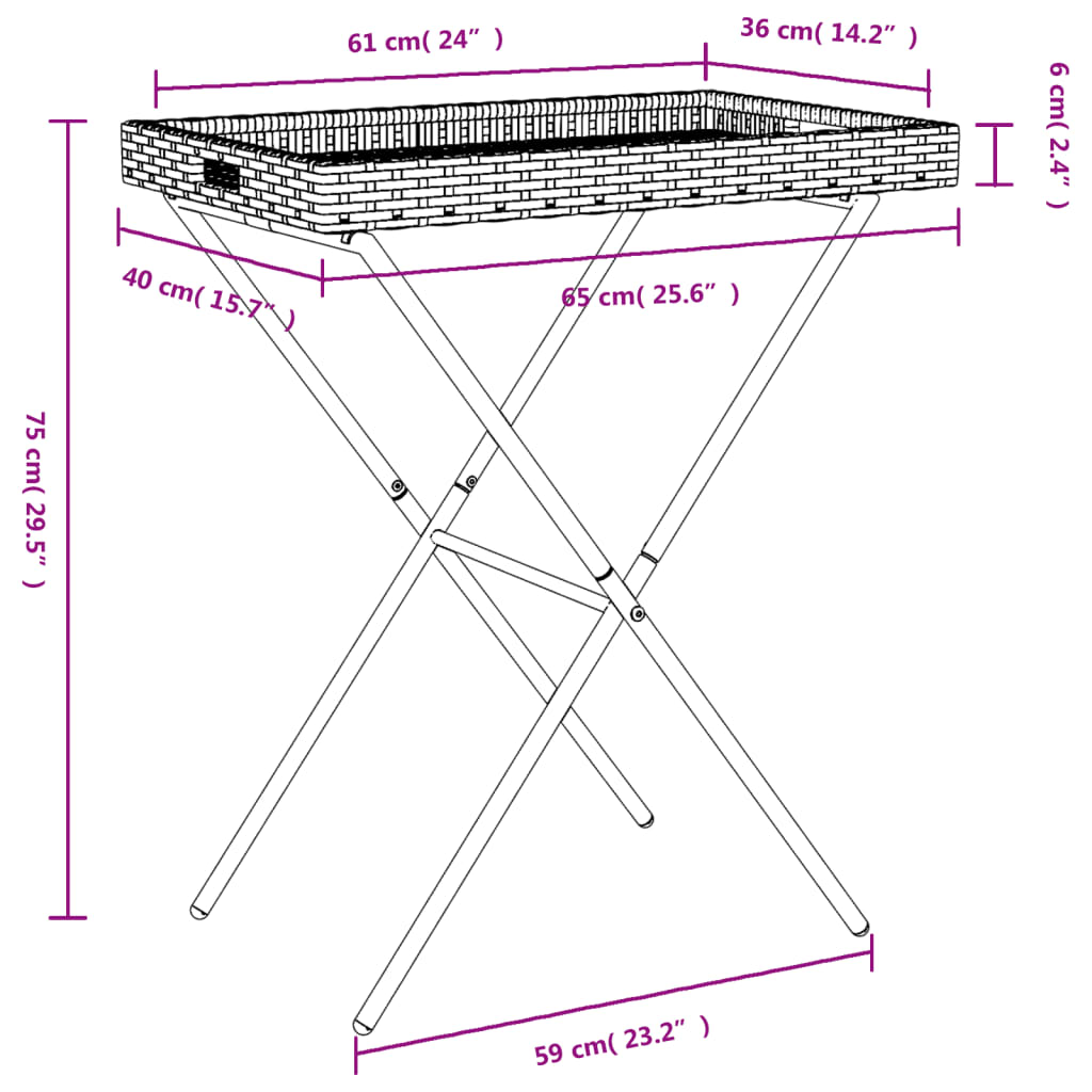 vidaXL Dienbladtafel inklapbaar 65x40x75 cm poly rattan grijs