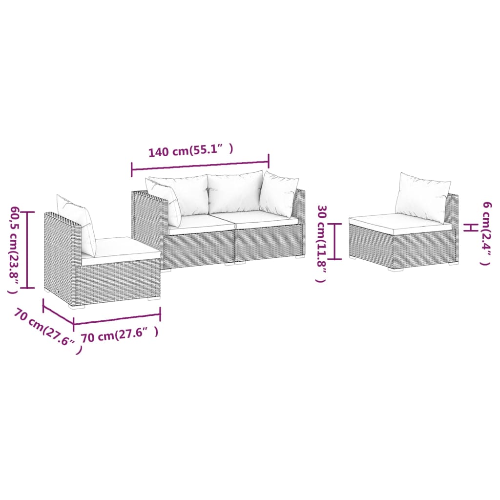 vidaXL 4-delige Loungeset met kussens poly rattan bruin