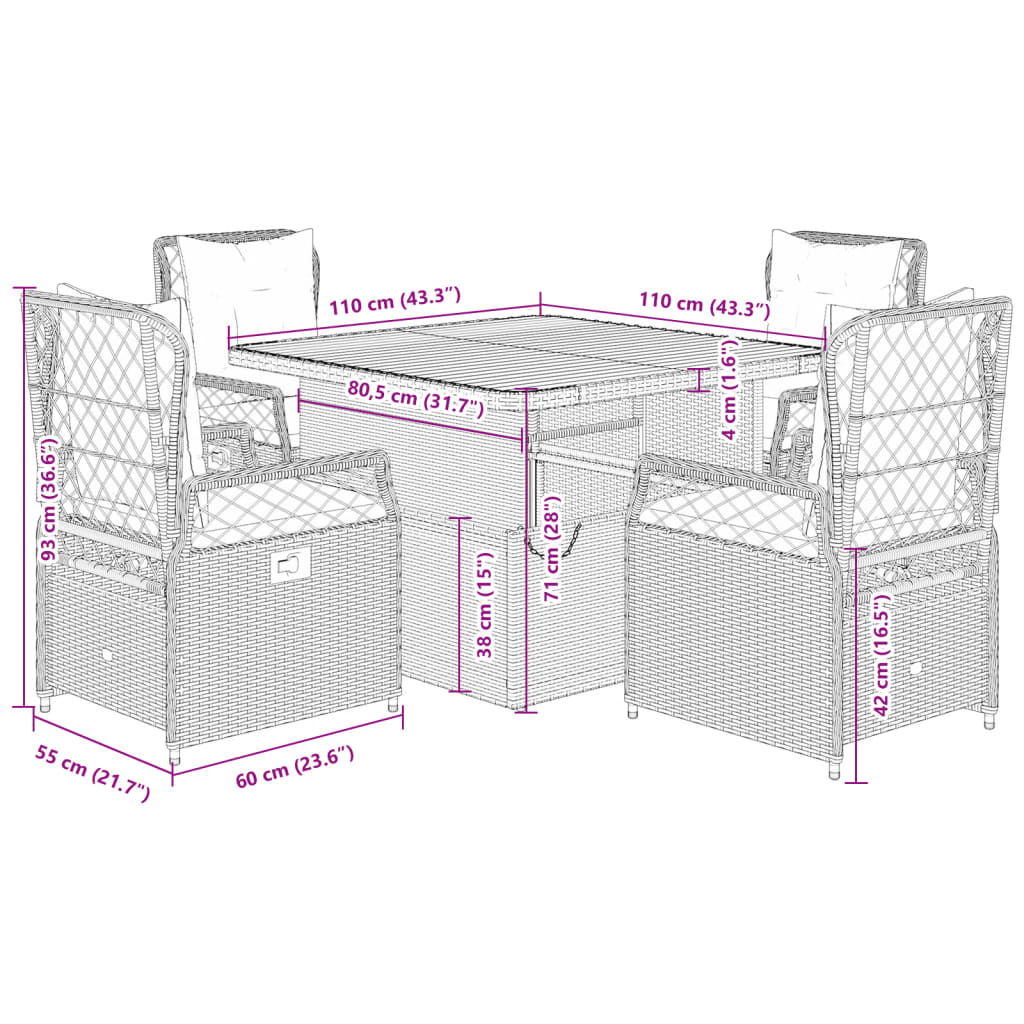 vidaXL 5-delige Tuinset met kussens poly rattan beige