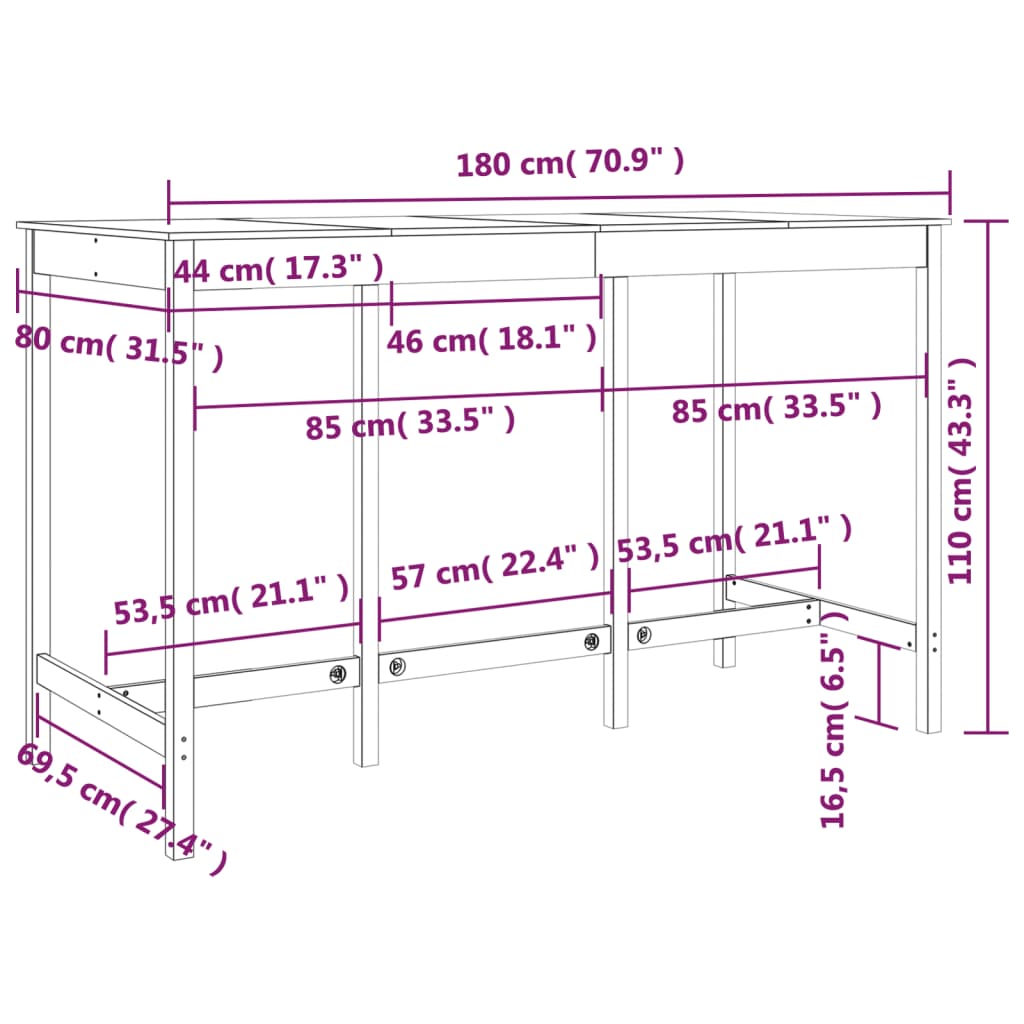 vidaXL Bartafel 180x80x110 cm massief grenenhout wit