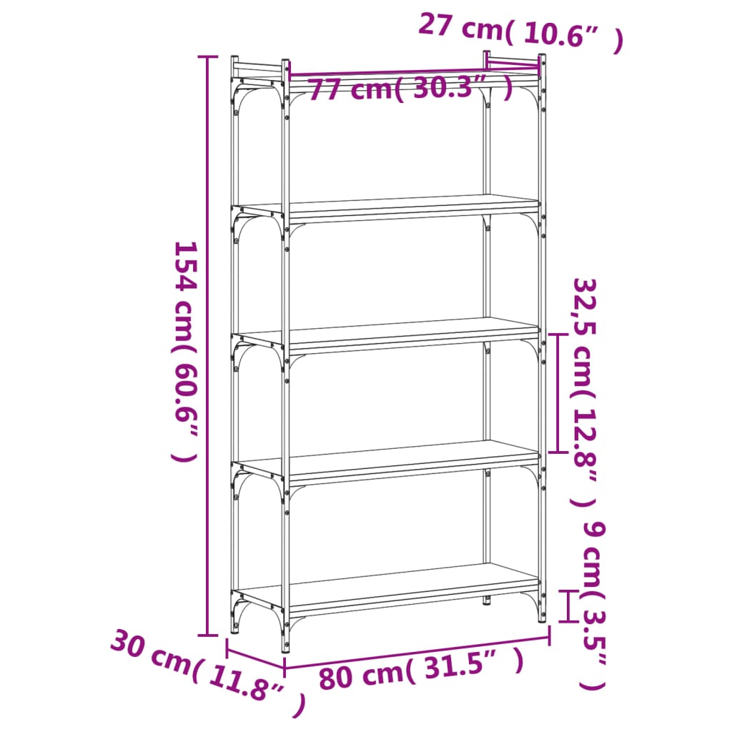 vidaXL Boekenkast 5-laags 80x30x154 cm bewerkt hout bruin eikenkleur