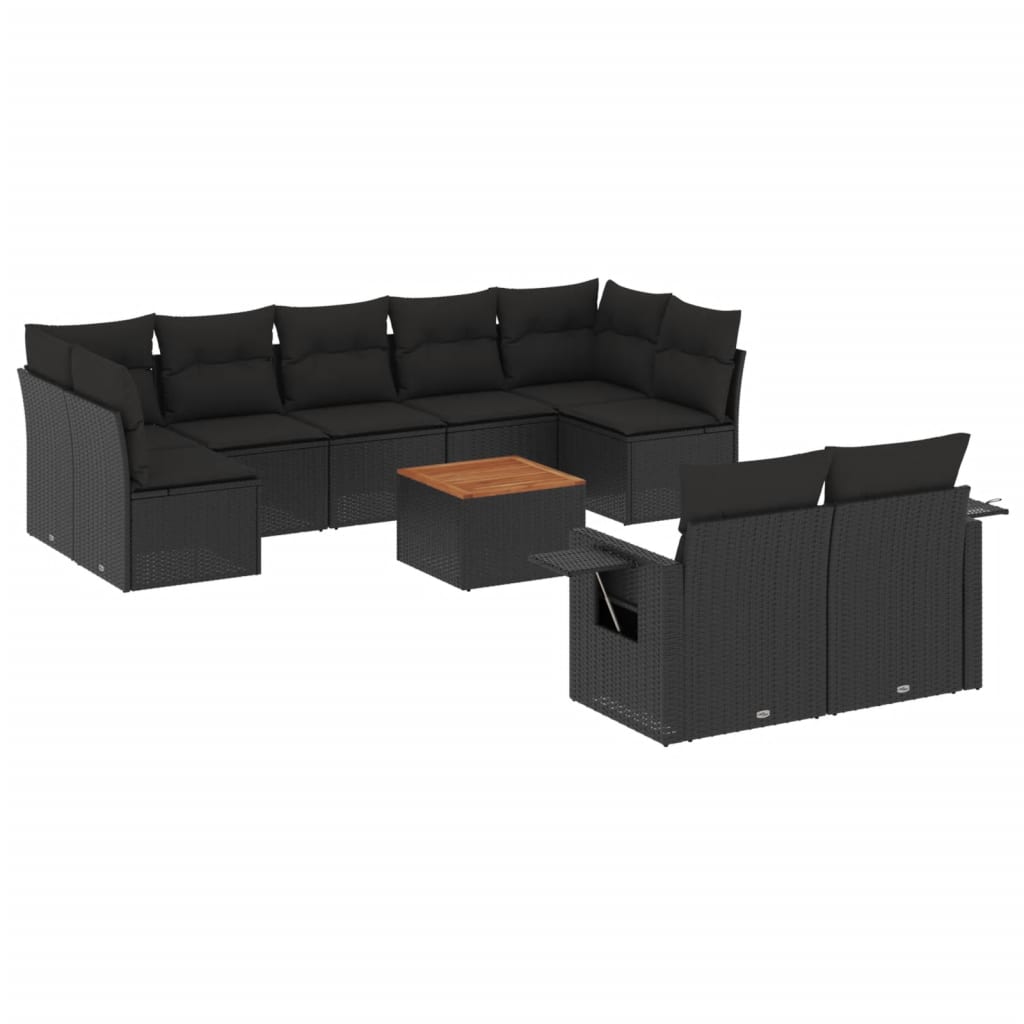 vidaXL 10-delige Loungeset met kussens poly rattan zwart