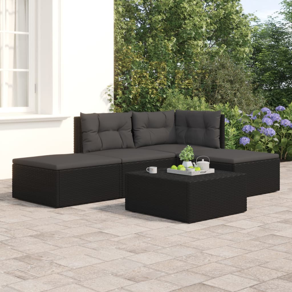 vidaXL 4-delige Loungeset met kussens poly rattan zwart