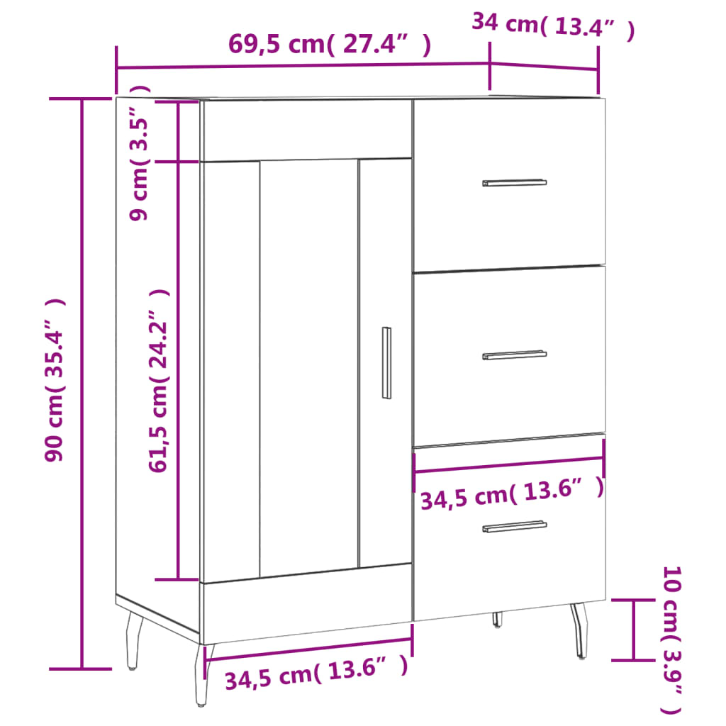 vidaXL Dressoir 69,5x34x90 cm bewerkt hout zwart