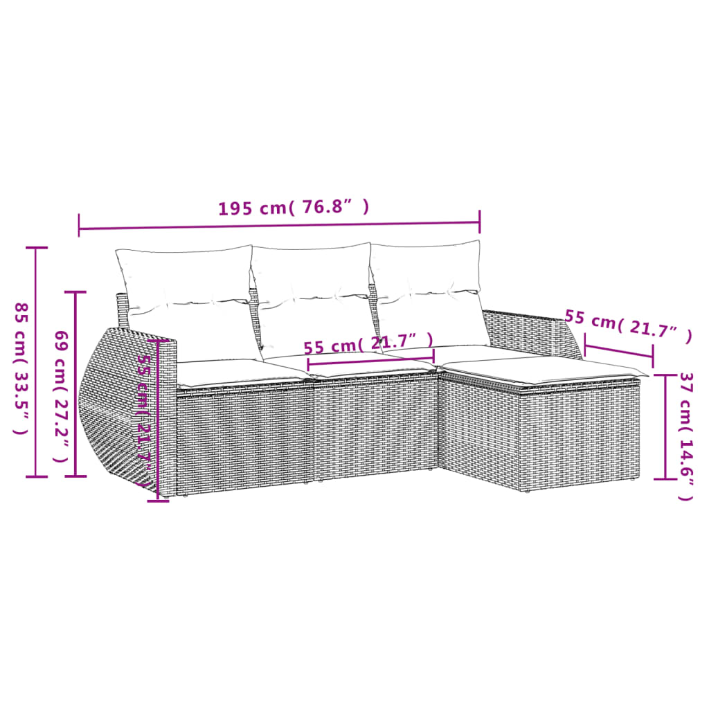 vidaXL 4-delige Loungeset met kussens poly rattan lichtgrijs