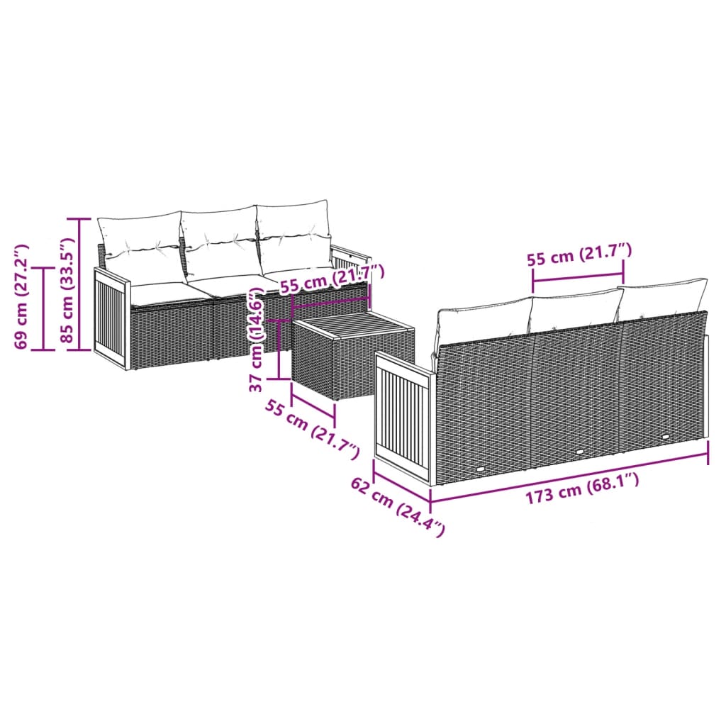 vidaXL 7-delige Loungeset met kussens poly rattan beige