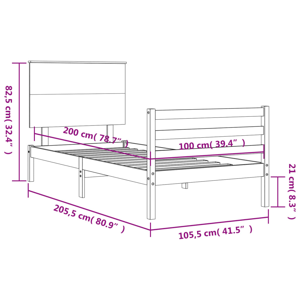 vidaXL Bedframe met hoofdbord massief hout wit 100x200 cm