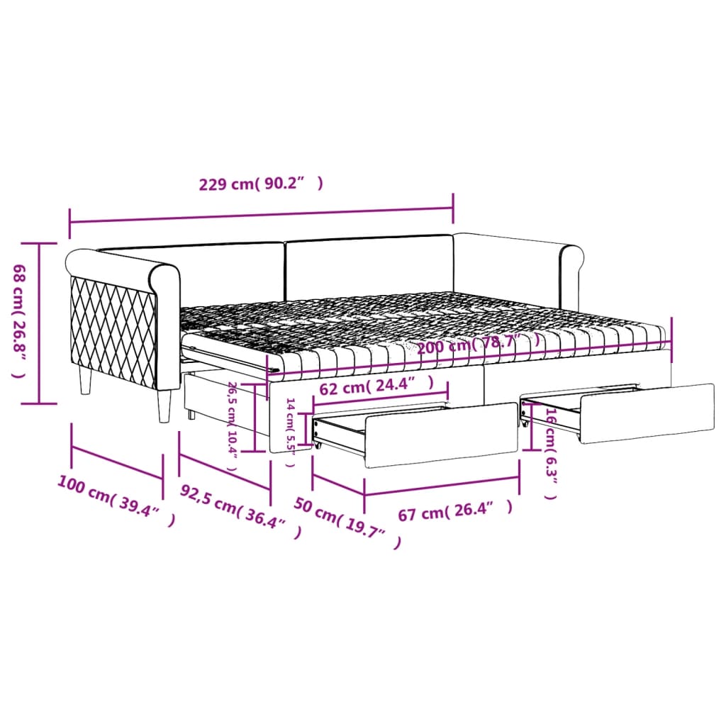 vidaXL Slaapbank onderschuifbed en lades 90x200 cm fluweel lichtgrijs