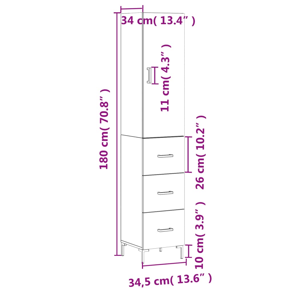 vidaXL Hoge kast 34,5x34x180 cm bewerkt hout hoogglans wit