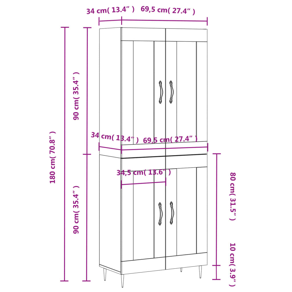 vidaXL Hoge kast 69,5x34x180 cm bewerkt hout betongrijs