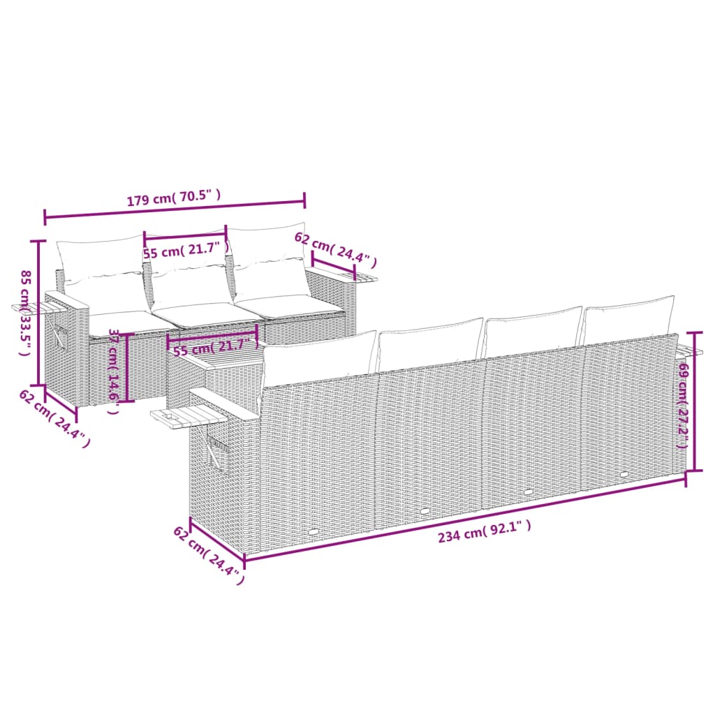 vidaXL 8-delige Loungeset met kussens poly rattan beige