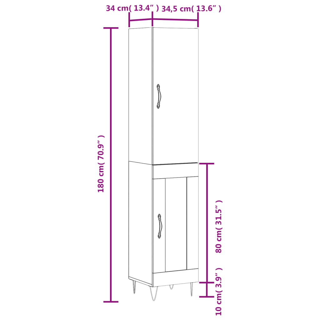 vidaXL Hoge kast 34,5x34x180 cm bewerkt hout gerookt eikenkleurig