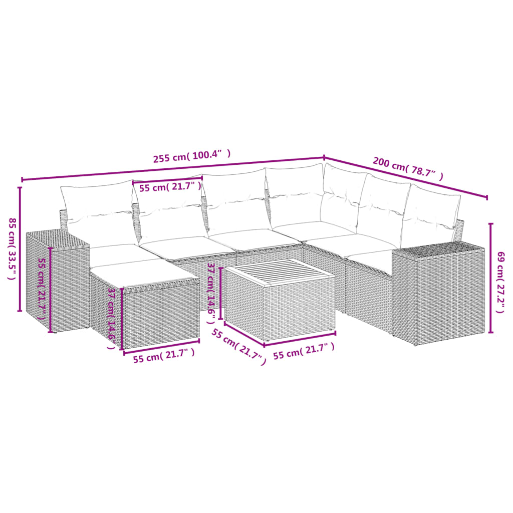 vidaXL 8-delige Loungeset met kussens poly rattan grijs