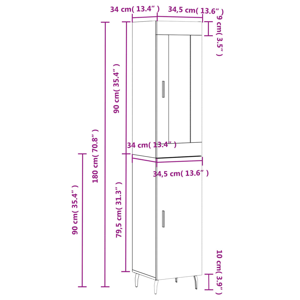 vidaXL Hoge kast 34,5x34x180 cm bewerkt hout grijs sonoma eikenkleurig