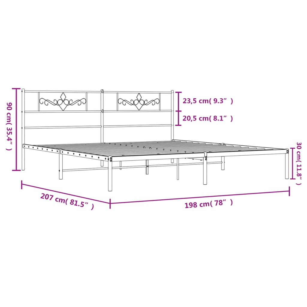 vidaXL Bedframe met hoofdbord metaal zwart 193x203 cm