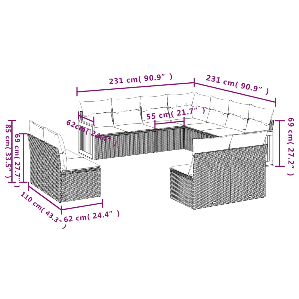 vidaXL 11-delige Tuinset met kussens poly rattan beige