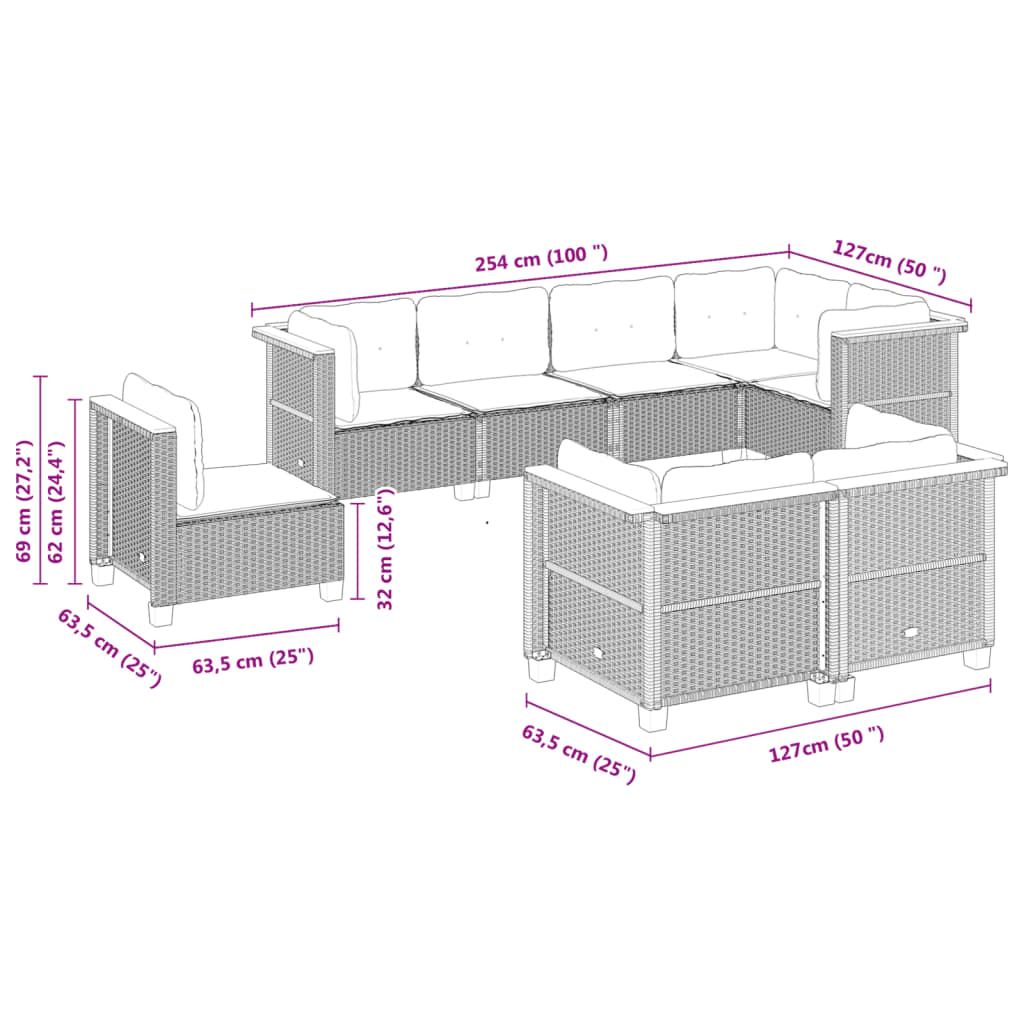 vidaXL 8-delige Loungeset met kussens poly rattan grijs