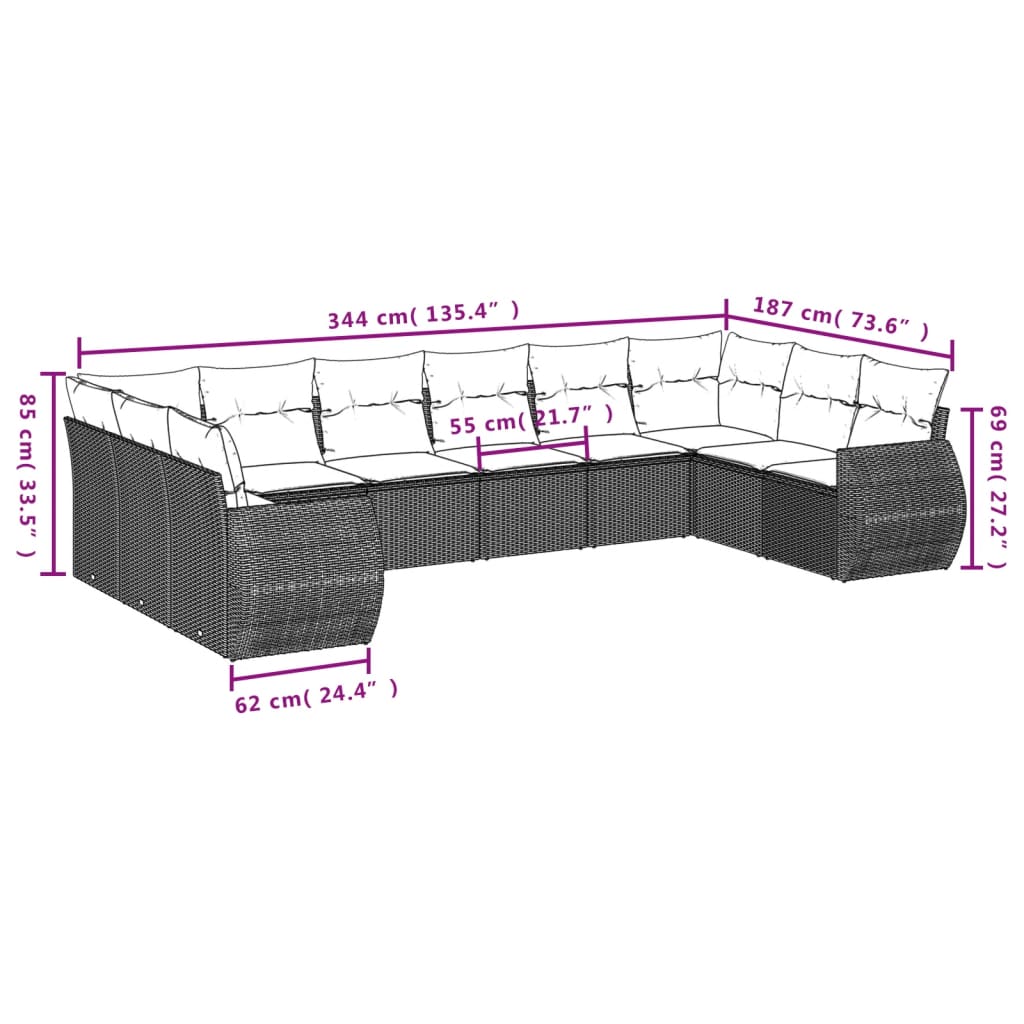 vidaXL 11-delige Loungeset met kussens poly rattan zwart