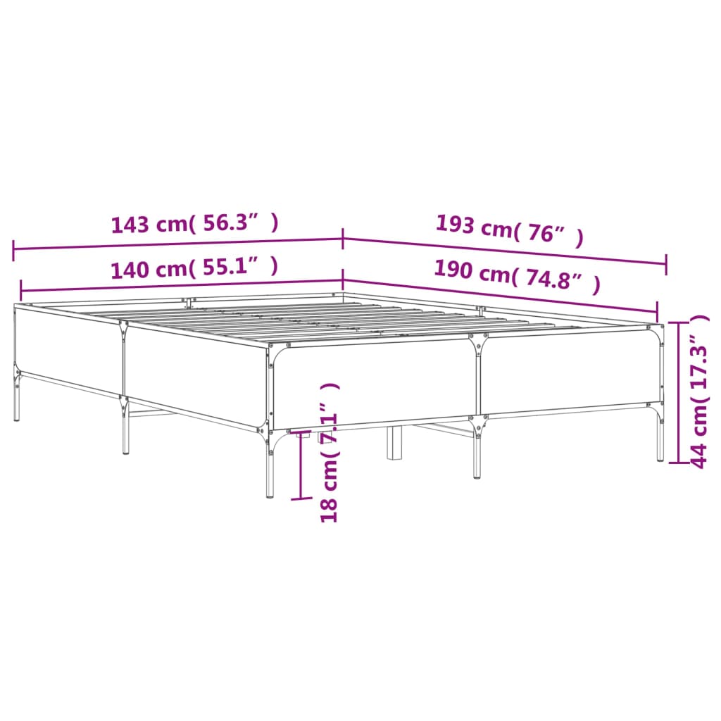 vidaXL Bedframe bewerkt hout metaal gerookt eikenkleurig 140x190 cm