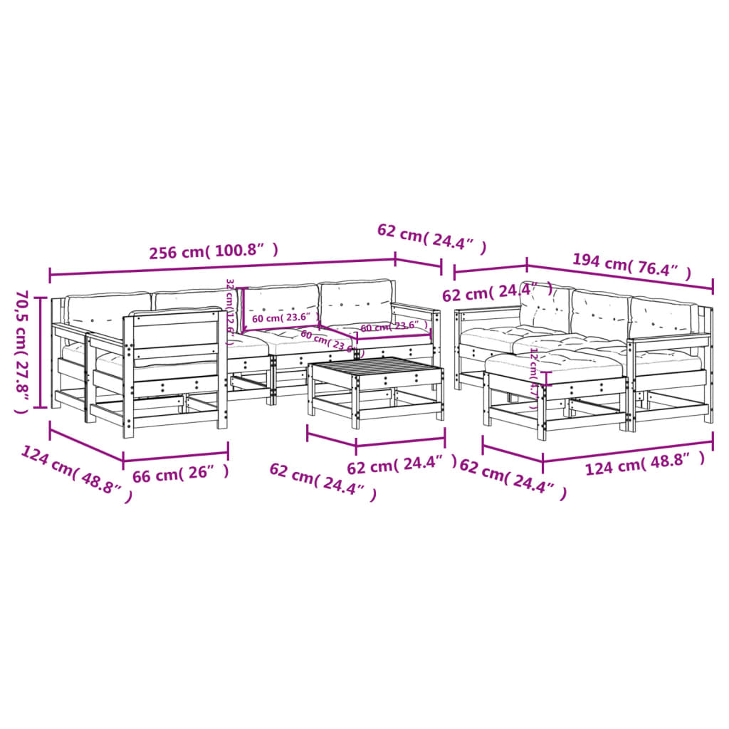 vidaXL 10-delige Loungeset met kussens massief hout zwart