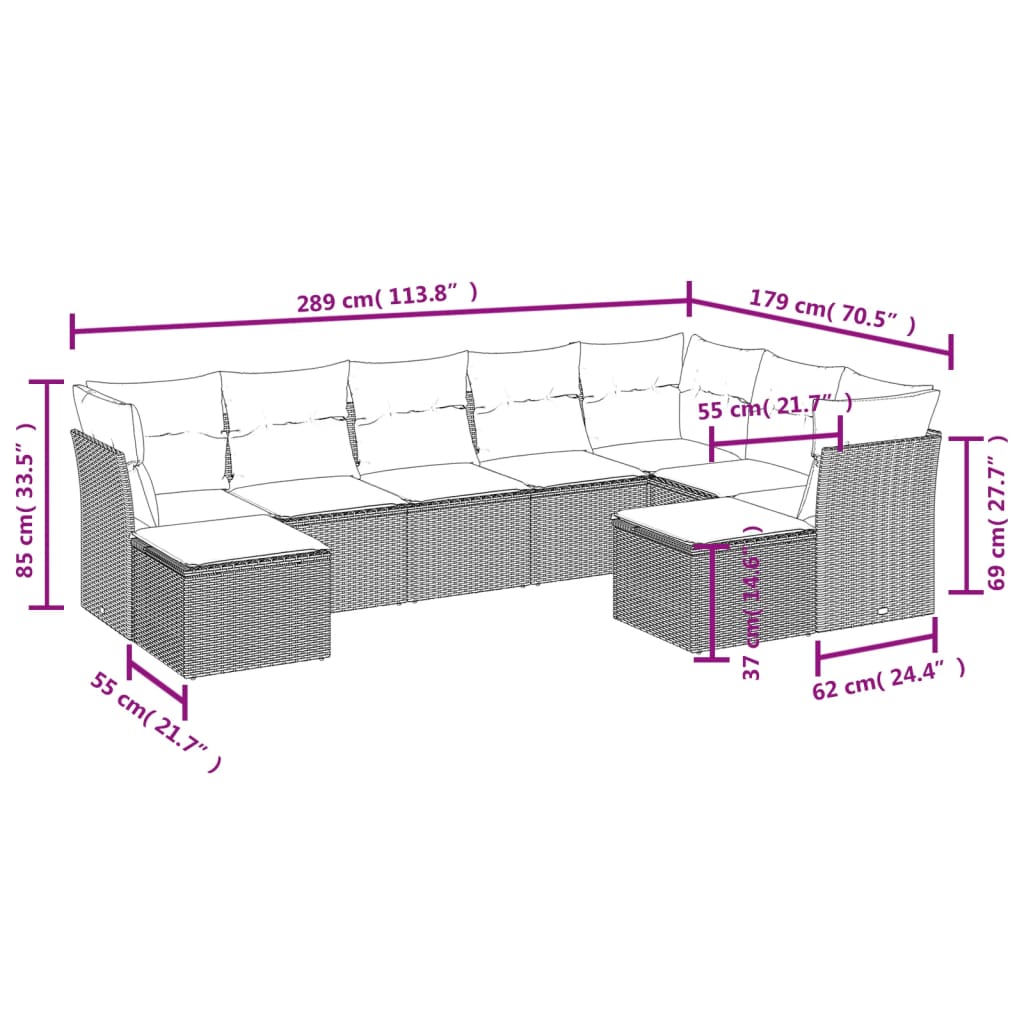 vidaXL 9-delige Loungeset met kussens poly rattan beige