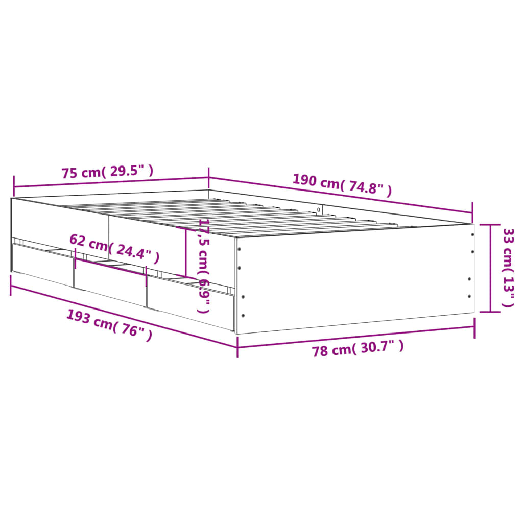 vidaXL Bedframe met lades bewerkt hout bruin eikenkleur 75x190 cm