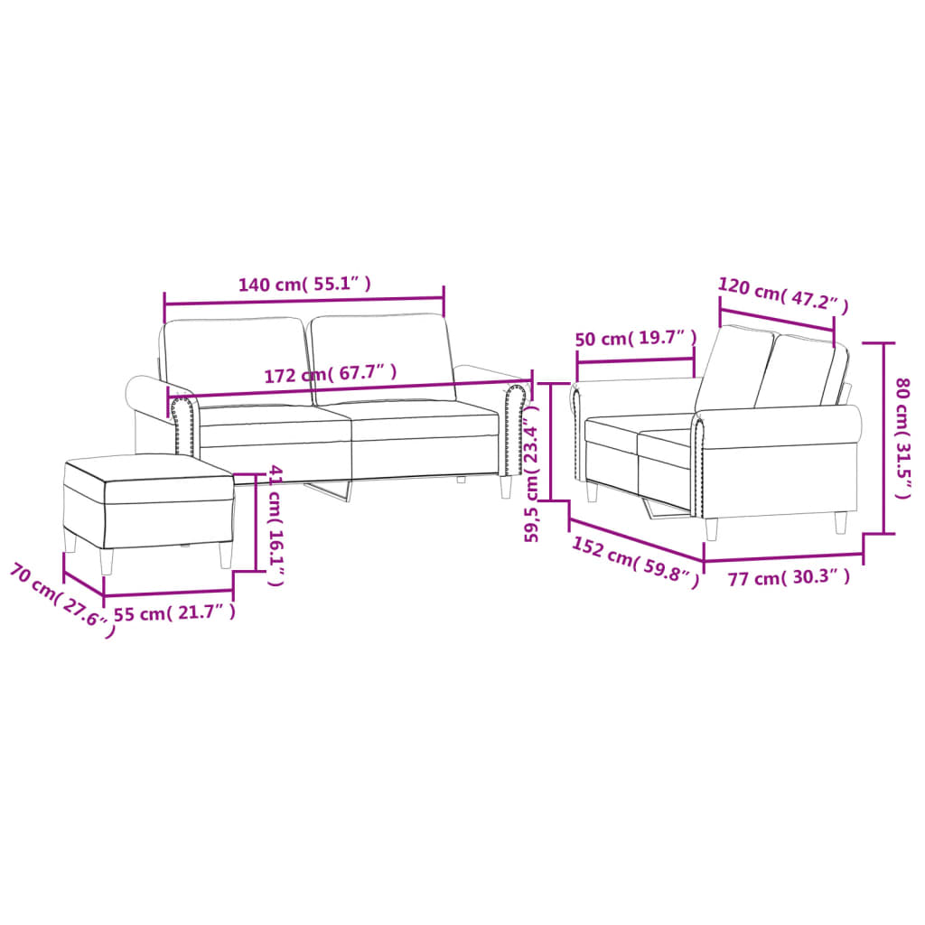 vidaXL 3-delige Loungeset met kussens fluweel donkergrijs